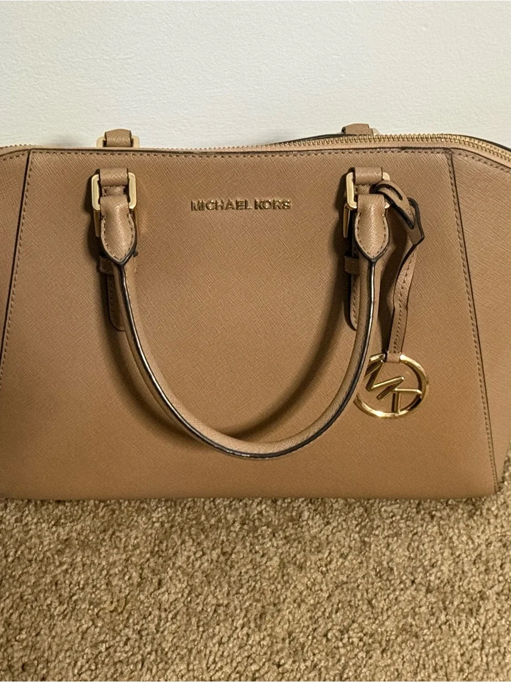 Michael Kors Camel Saffiano Leather Satchel with Gold Hardware